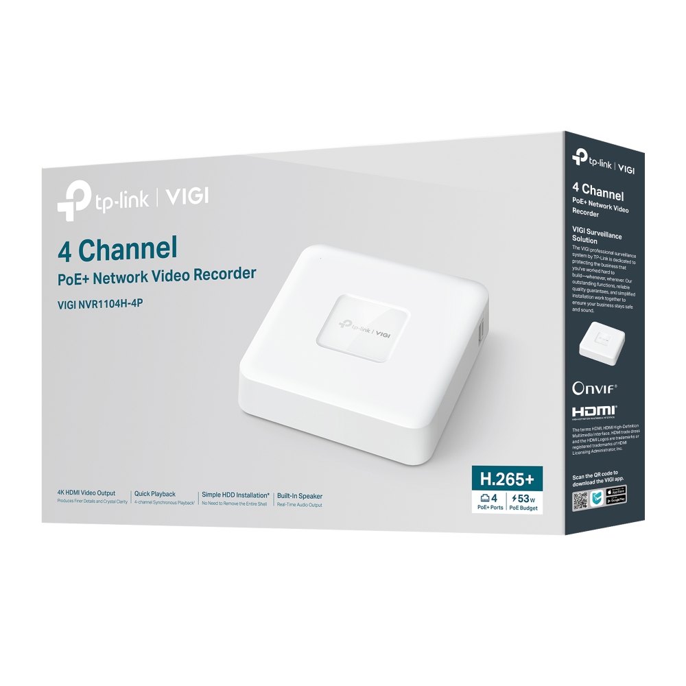 TP-LINK VIGI NVR1104H-4P 4 KANAL POE 1 SATA H265  ONVIF NVR KAYIT CİHAZI